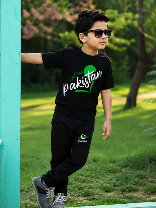Boy wearing 14 August Azadi T-Shirt and Trouser Set for Kids with Pakistan patriotic print