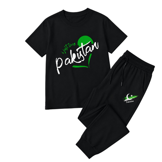 14 August Azadi T-Shirt and Trouser Set for Kids in black with Pakistan patriotic design