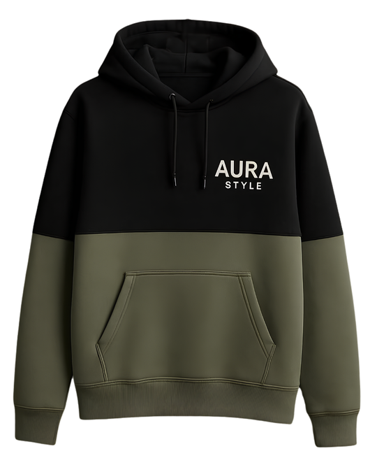 AURA STYLE  BLACK & OLIVE FLEECE HOODIE