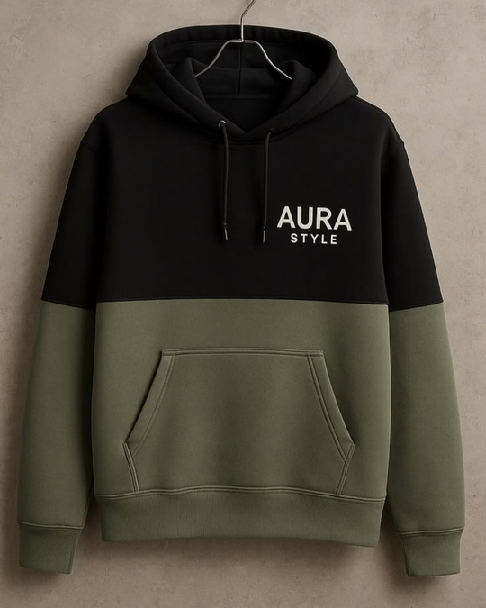 AURA STYLE  BLACK & OLIVE FLEECE HOODIE