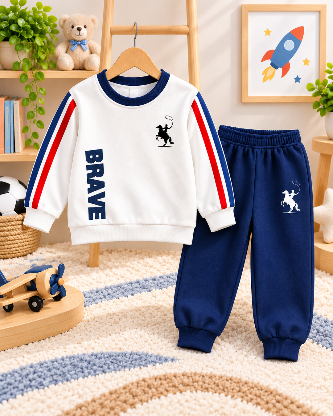Brave Rider Champion boys tracksuit with cream sweatshirt, navy blue joggers, red sleeve stripes and horse rider print by Mini Wear.
