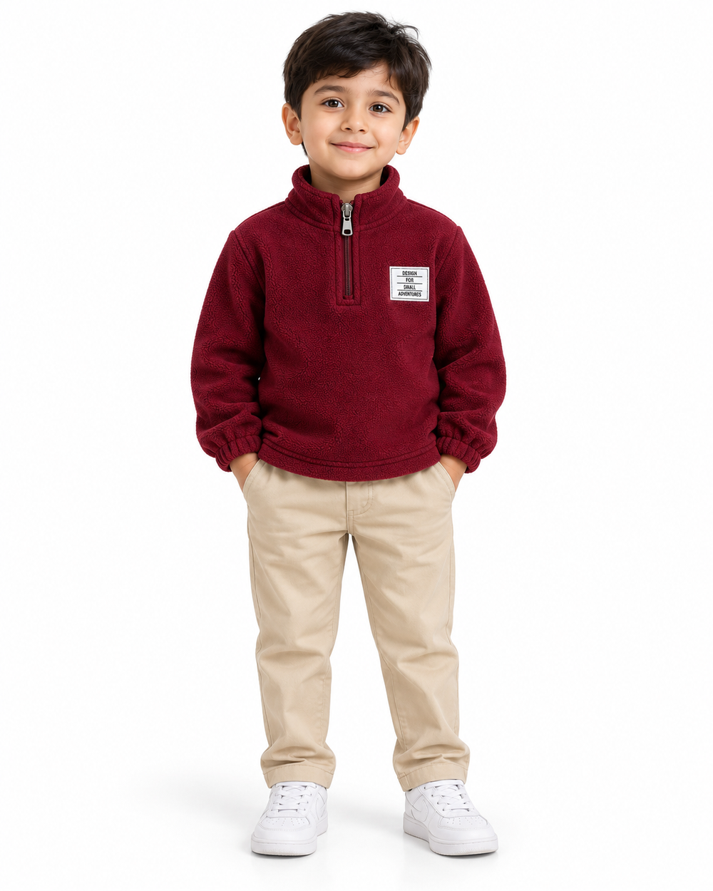 Cloud grey kids fleece half-zip sweatshirt with stand collar, elasticated cuffs and white chest patch, front view