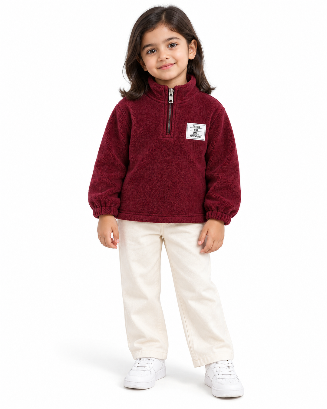 Cloud grey kids fleece half-zip sweatshirt with stand collar, elasticated cuffs and white chest patch, front view