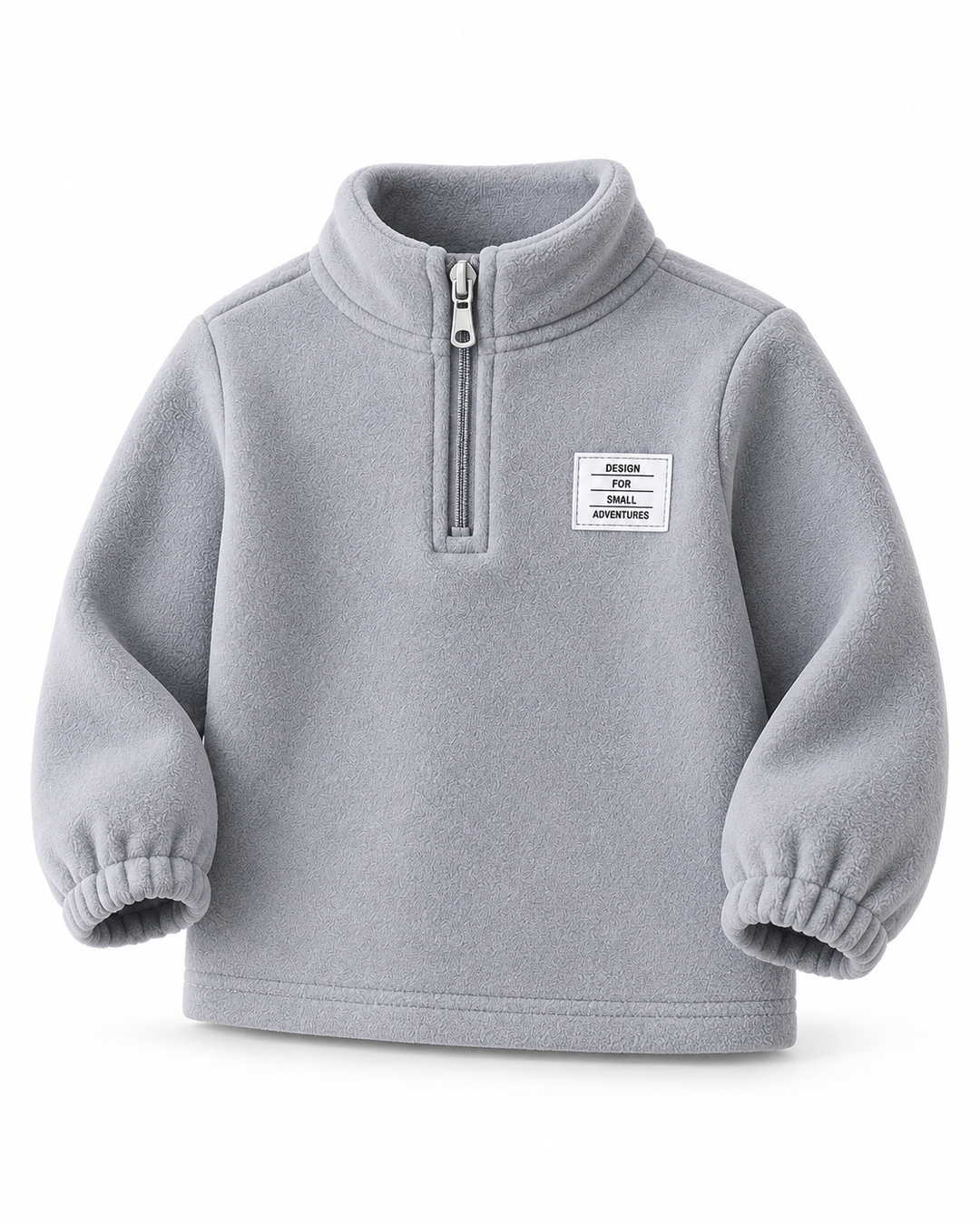 Cloud grey kids fleece half-zip sweatshirt with stand collar, elasticated cuffs and white chest patch, front view.