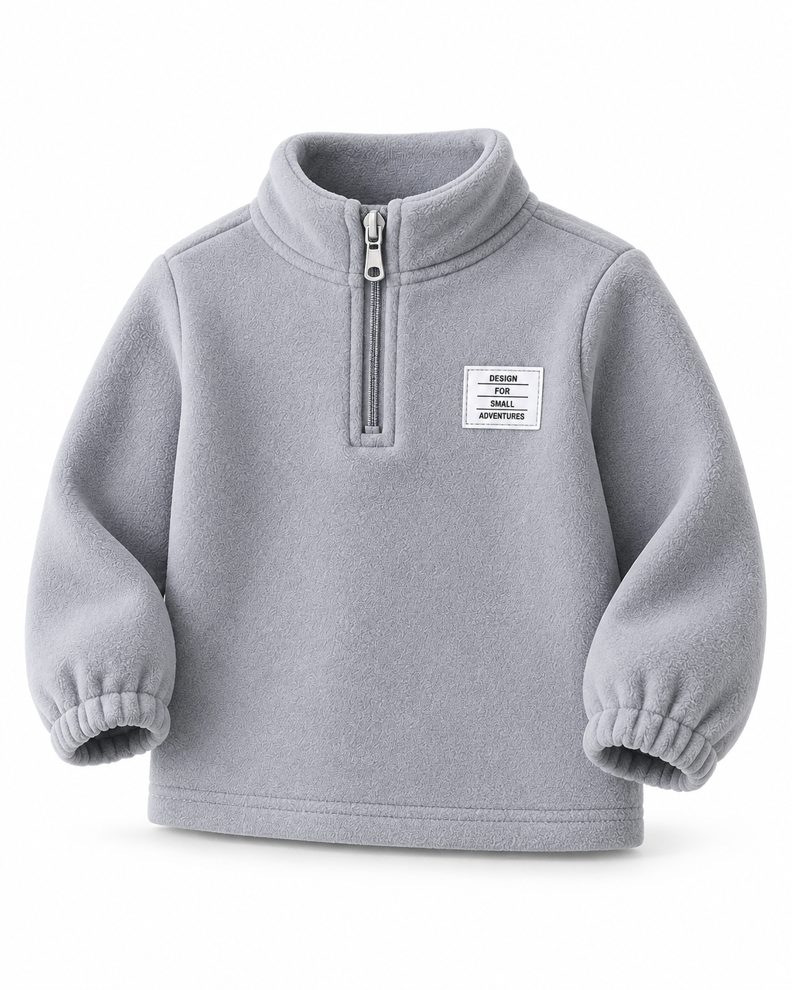 Cloud grey kids fleece half-zip sweatshirt with stand collar, elasticated cuffs and white chest patch, front view.