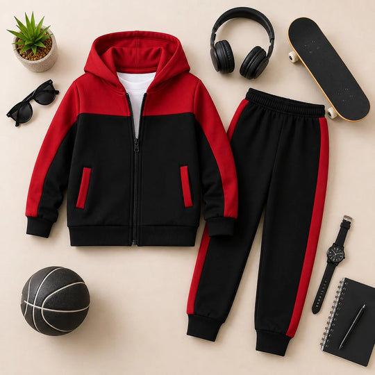 Dual Panel Red and Black Zipper Hoodie Tracksuit for Kids