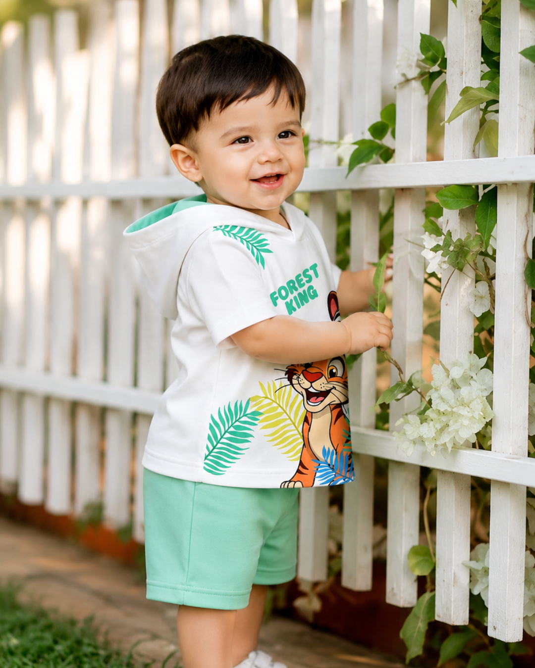 Let your little one explore in style with the MINI WEAR Forest King Tiger Print Hoodie &amp; Shorts Set. 