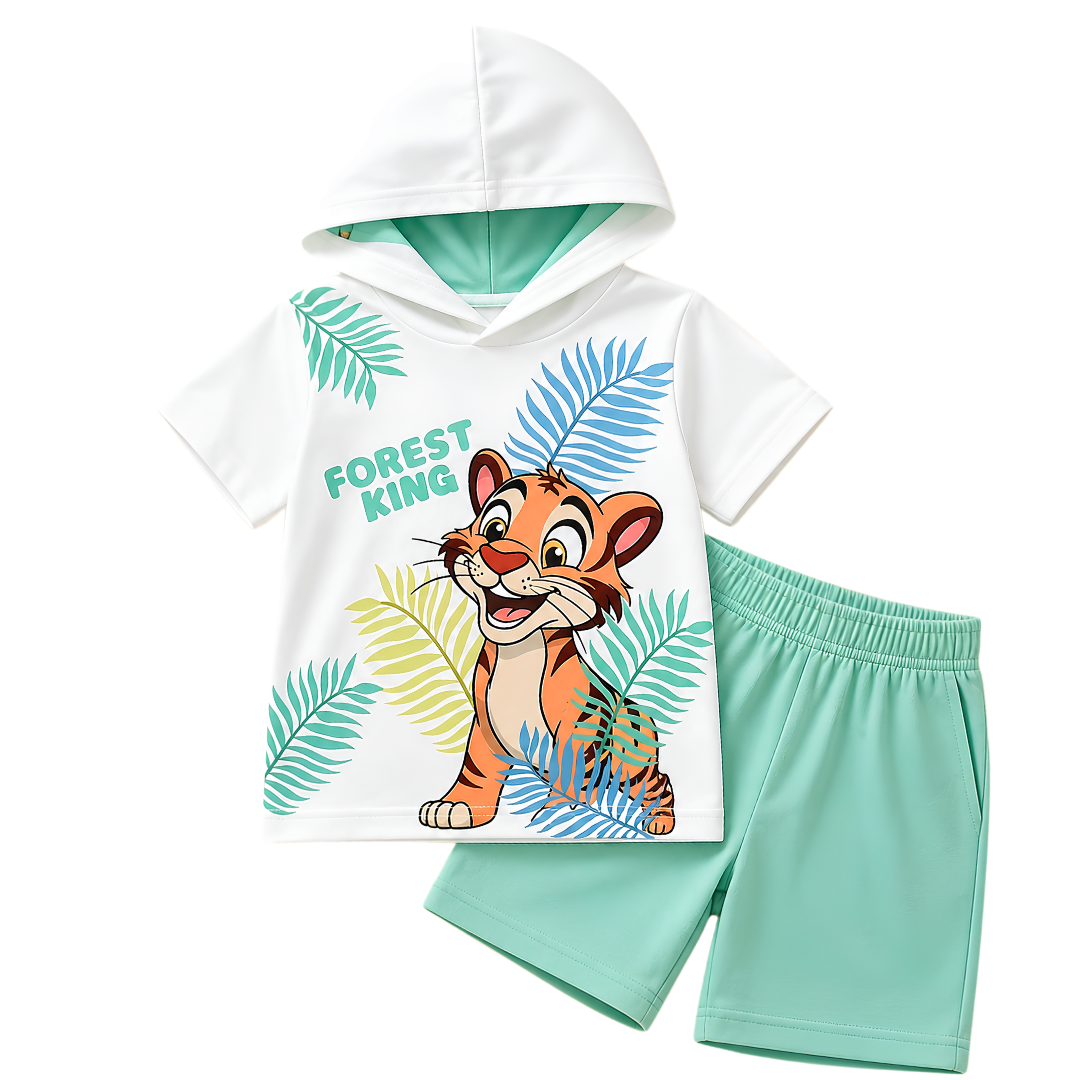 Forest King tiger print kids hoodie and mint green shorts summer outfit