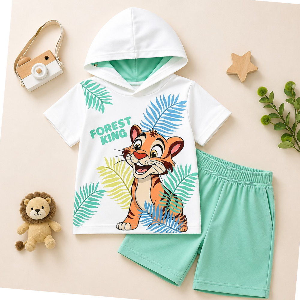 Kids tiger print hoodie and shorts cotton summer set in white and mint green