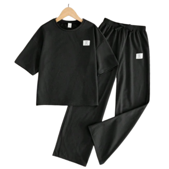 GIRLS BLACK COTTON LOUNGE SET