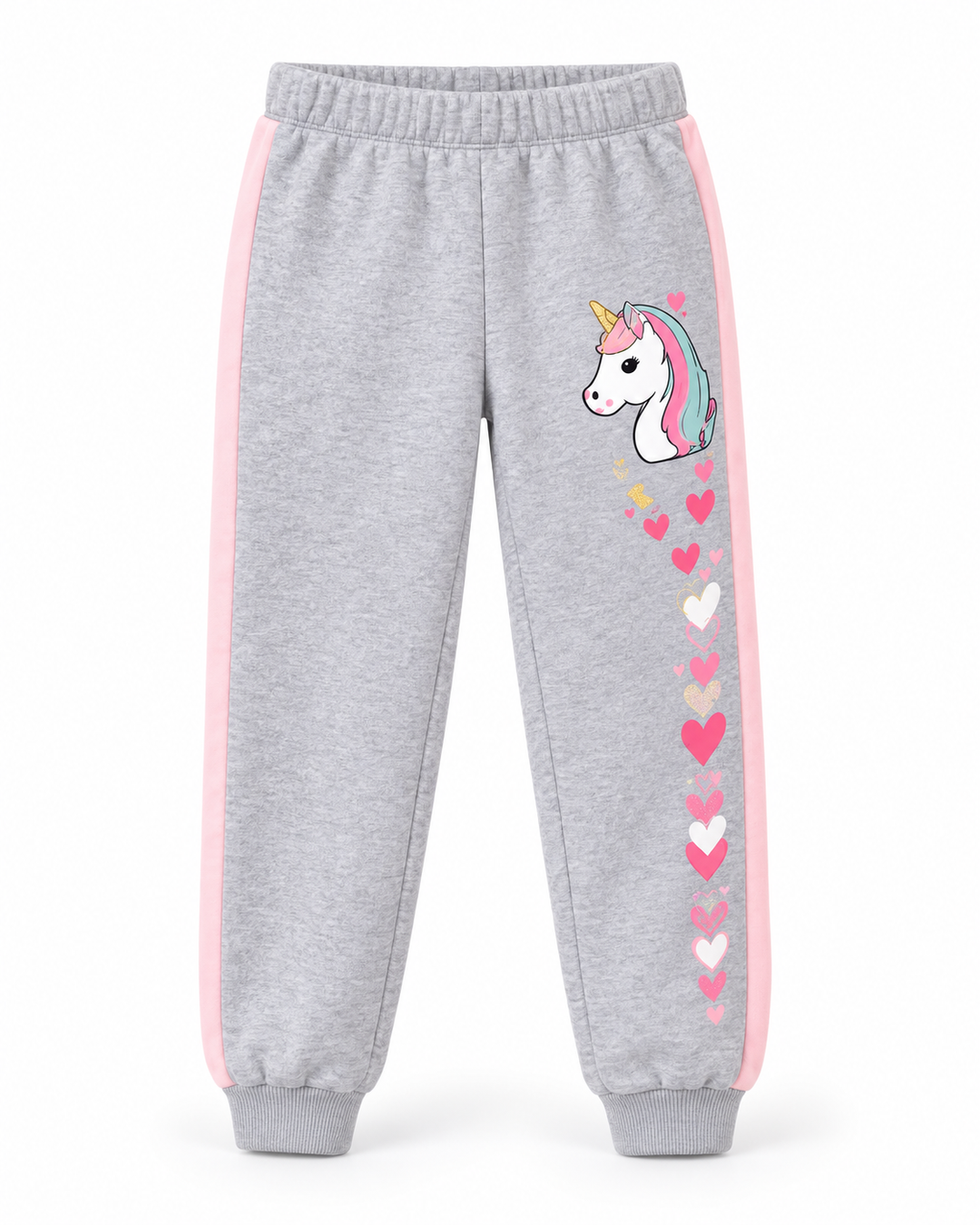 Girls grey fleece trousers with unicorn and heart prints, pink side stripes and elastic waistband by Mini Wear