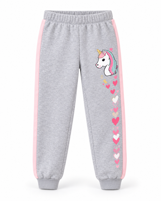 Girls grey fleece trousers with unicorn and heart prints, pink side stripes and elastic waistband by Mini Wear