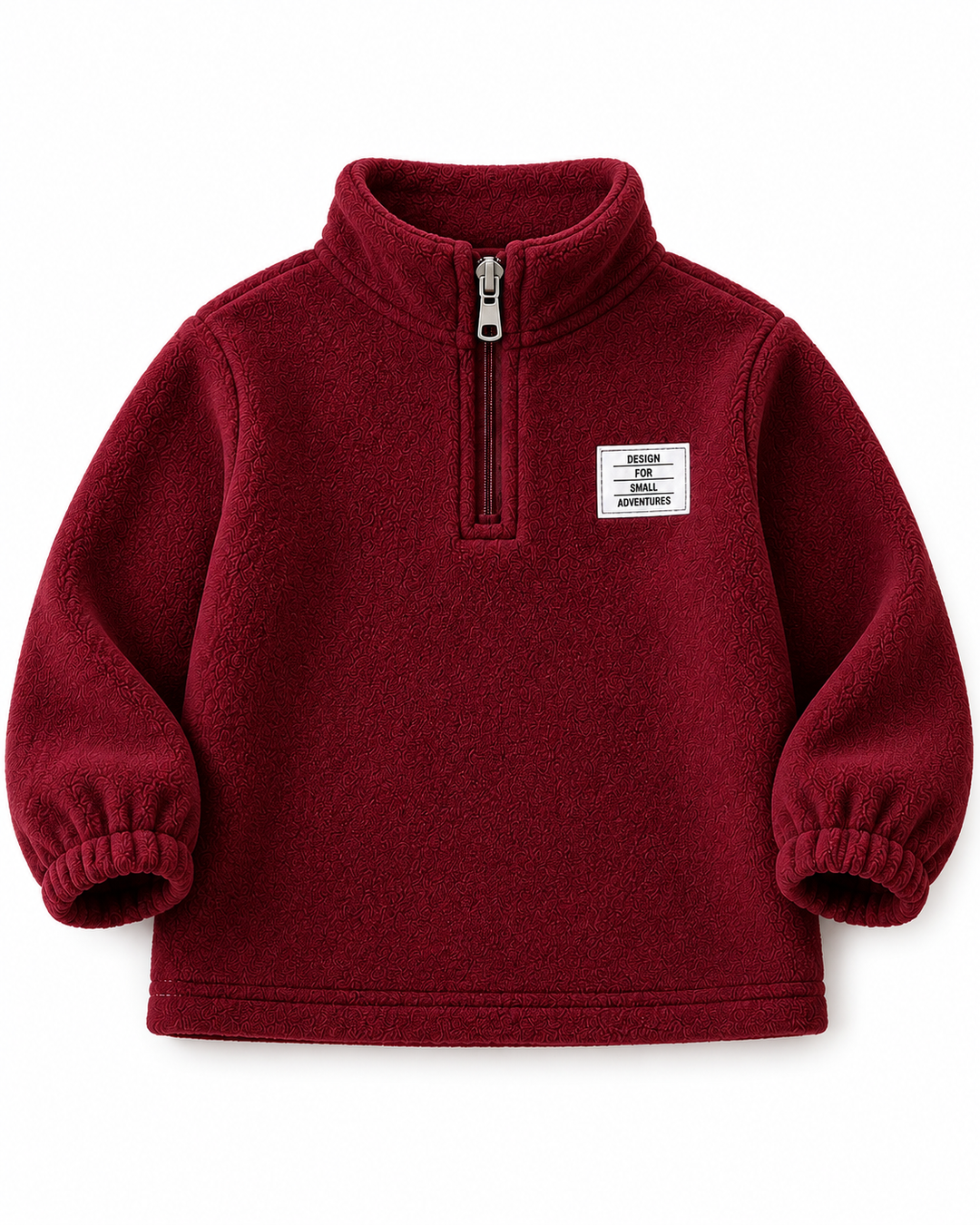 Cloud maroon kids fleece half-zip sweatshirt with stand collar, elasticated cuffs and white chest patch, front view