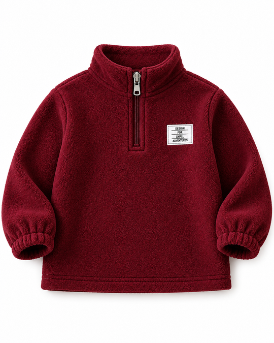 Cloud maroon kids fleece half-zip sweatshirt with stand collar, elasticated cuffs and white chest patch, front view