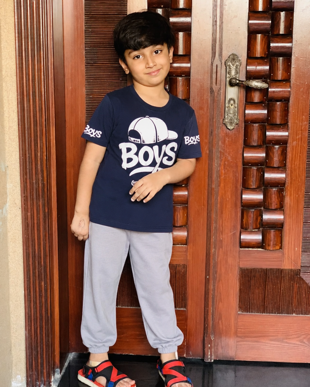 Young Explorer Co-Ord Set for Boys – Navy Blue Graphic T-Shirt with Grey Trouser | Kids Summer Outfit by Mini Wear