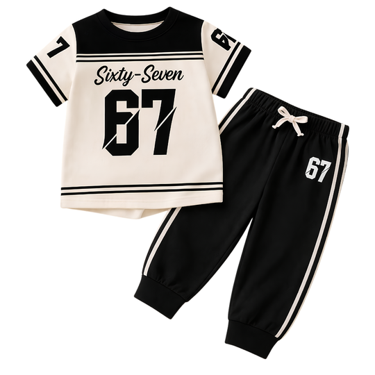 LITTLE CHAMPION TROUSER SET for boys featuring a sporty black and white t-shirt with matching jogger trousers by Mini Wear.