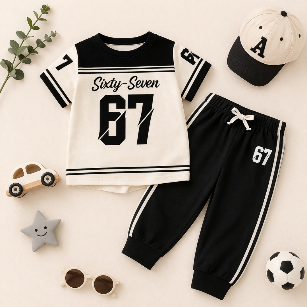 Front view of LITTLE CHAMPION TROUSER SET showing premium cotton t-shirt design and comfortable matching trousers.