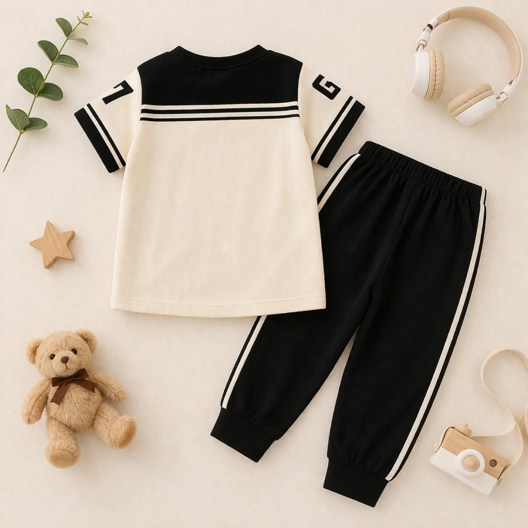 Close-up of the premium cotton t-shirt from the LITTLE CHAMPION TROUSER SET from Mini wear kids clothing brand 