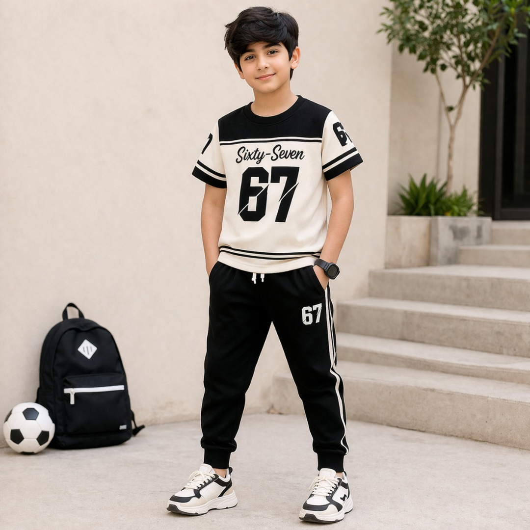 Young boy wearing premium cotton dress from online kids clothing brand Mini Wear 