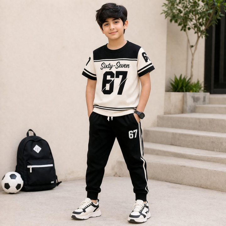 Young boy wearing premium cotton dress from online kids clothing brand Mini Wear 