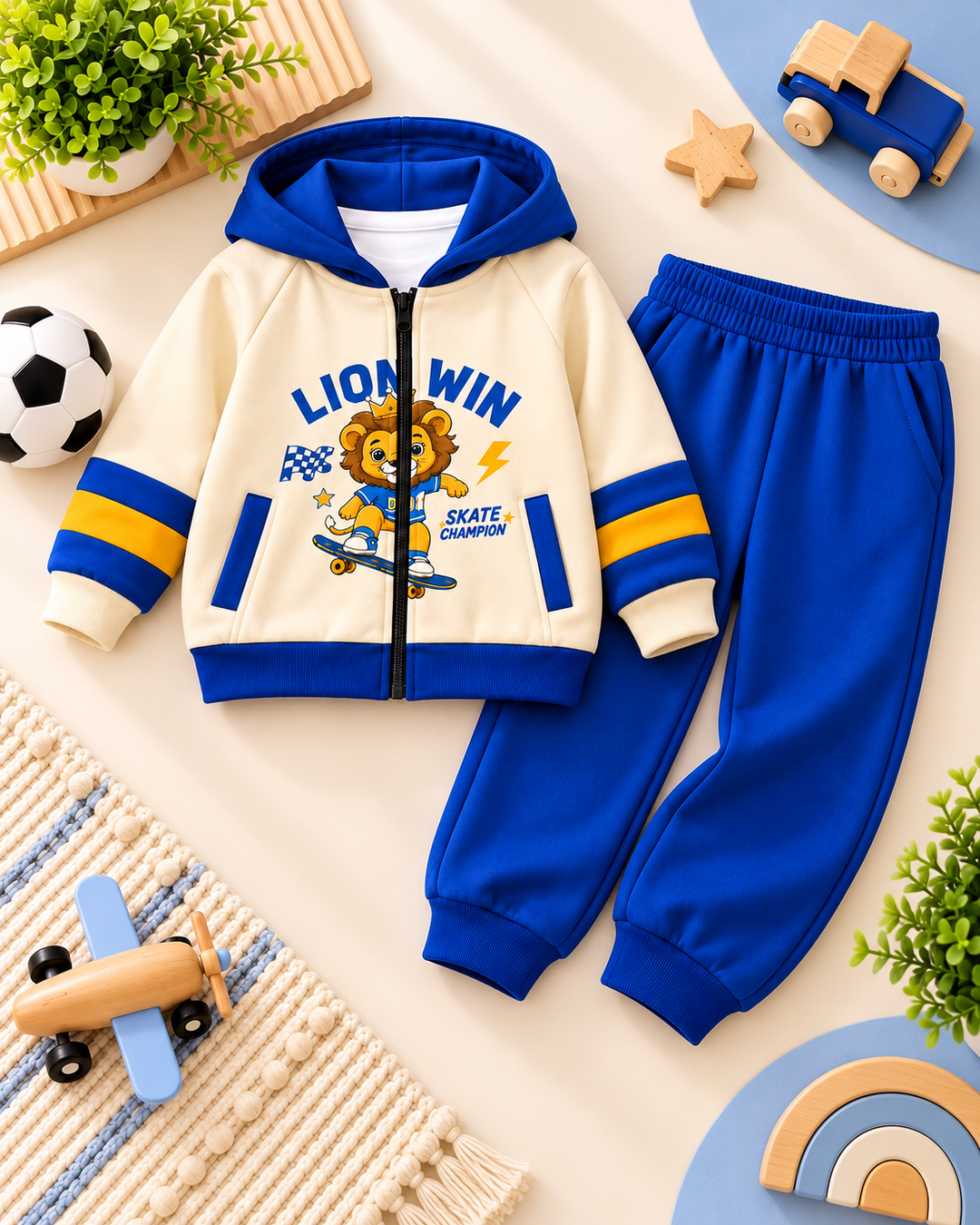 Cream and royal blue Little Lion Champion zip-up hoodie tracksuit for boys with lion print and matching jogger trousers by Mini Wear.