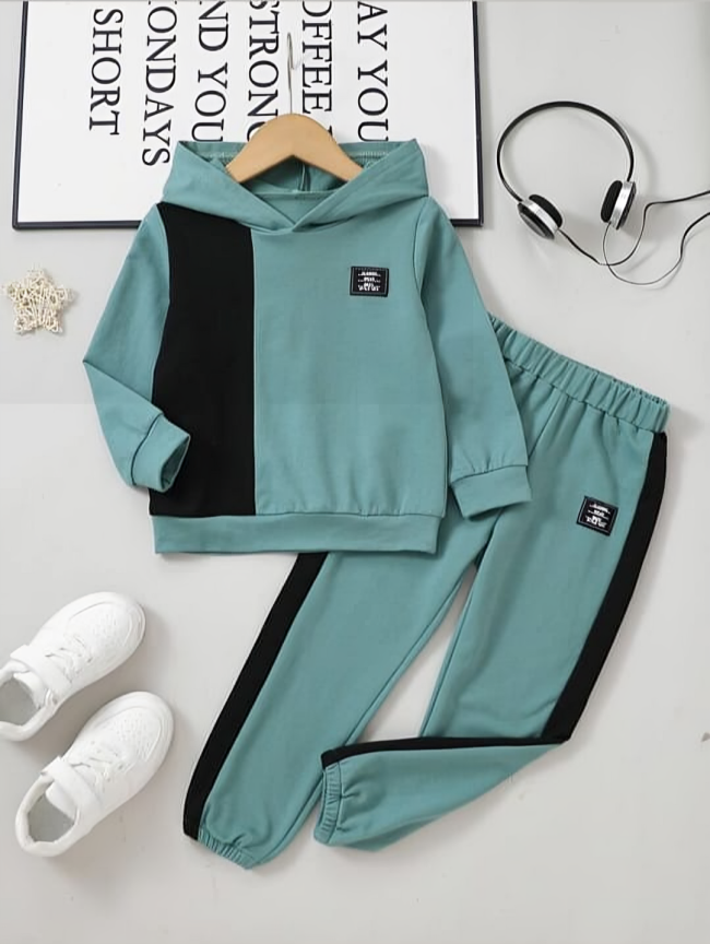 URBAN PANEL FLEECE HOODIE TRACKSUIT – TEAL & BLACK