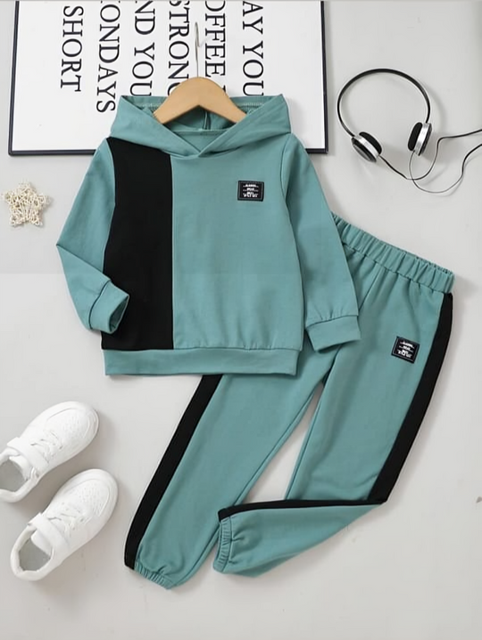 URBAN PANEL FLEECE HOODIE TRACKSUIT – TEAL & BLACK