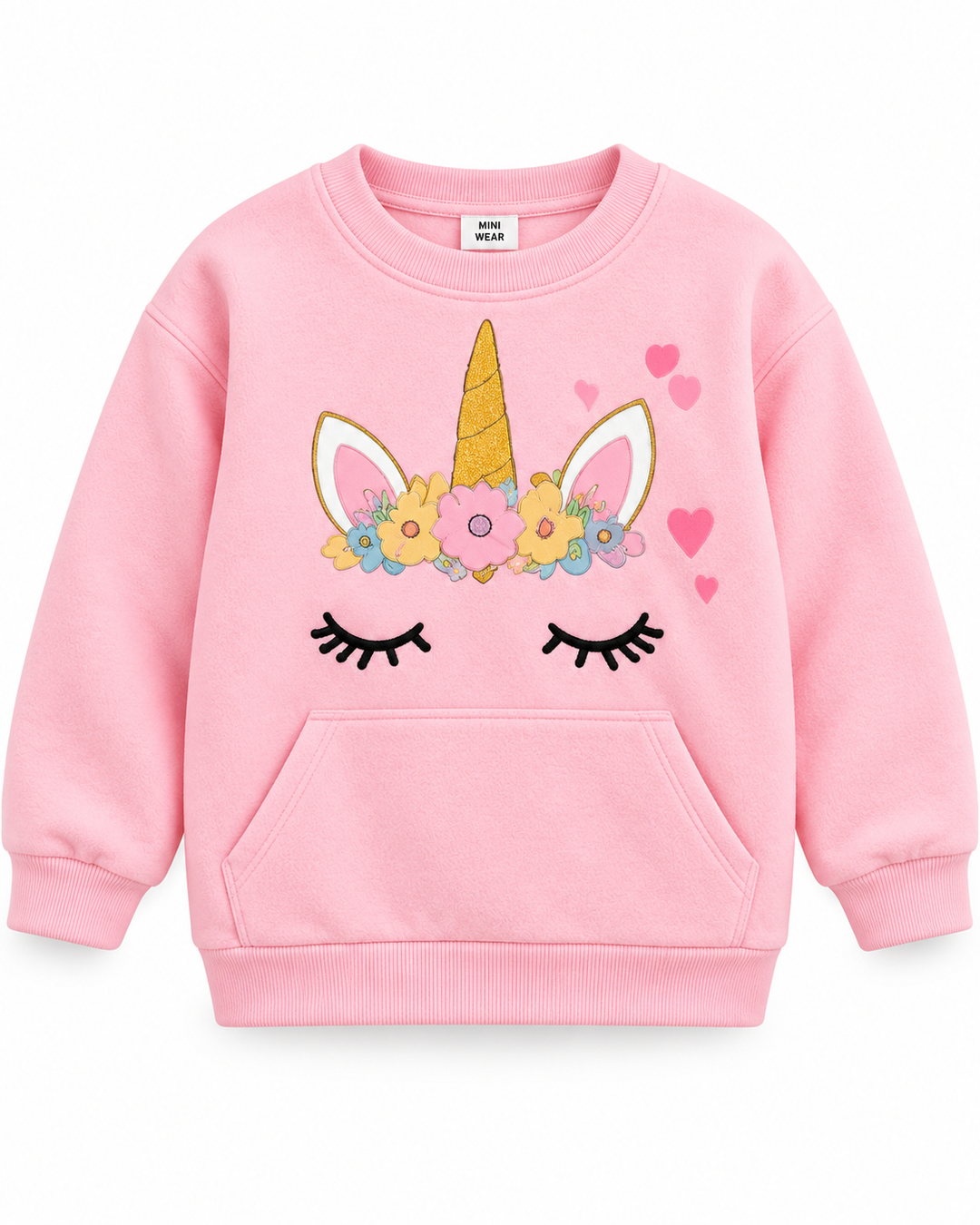Pink unicorn fleece sweatshirt with floral crown graphic, closed eyelashes and kangaroo pocket by Mini Wear