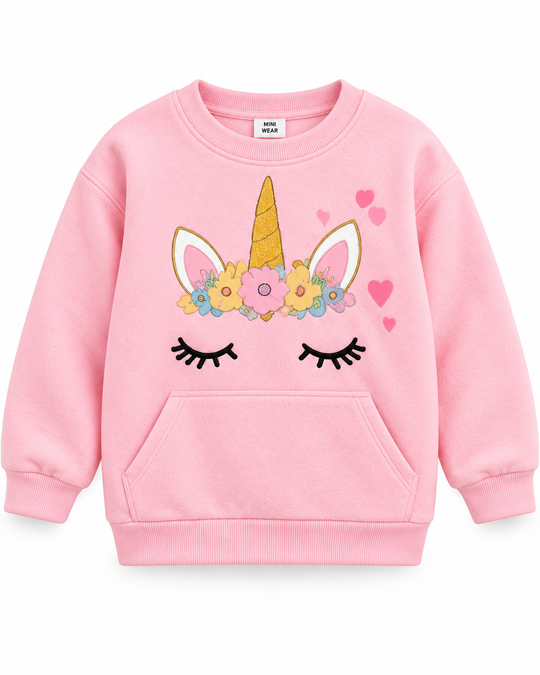 Pink unicorn fleece sweatshirt with floral crown graphic, closed eyelashes and kangaroo pocket by Mini Wear