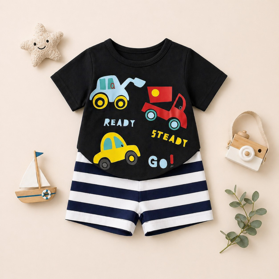 Front view of Mini Wear Ready Steady Go cotton short set featuring colorful vehicle print t-shirt and striped shorts