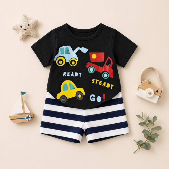 Front view of Mini Wear Ready Steady Go cotton short set featuring colorful vehicle print t-shirt and striped shorts