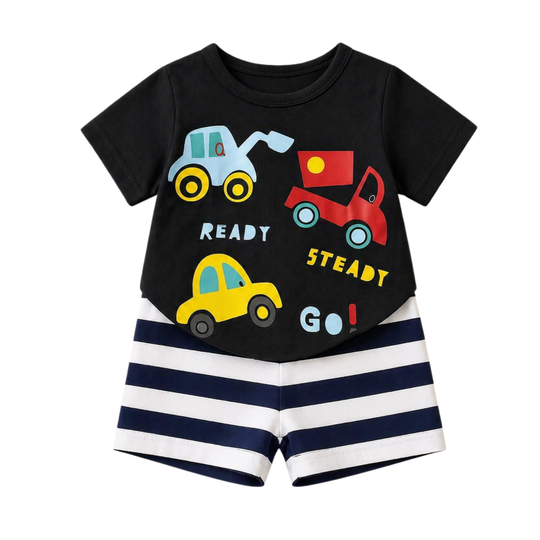 Mini Wear Ready Steady Go newborn cotton short set with vehicle print t-shirt and striped shorts for babies and toddlers