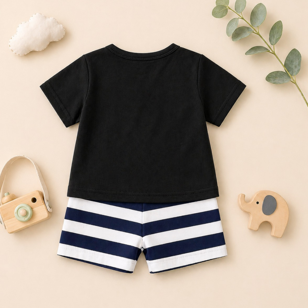 Back view of Mini Wear Ready Steady Go cotton short set for newborns and toddlers
