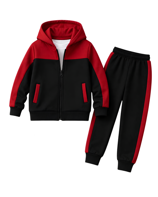DUAL PANEL RED & BLACK ZIPPER HOODIE TRACKSUIT FOR KIDS