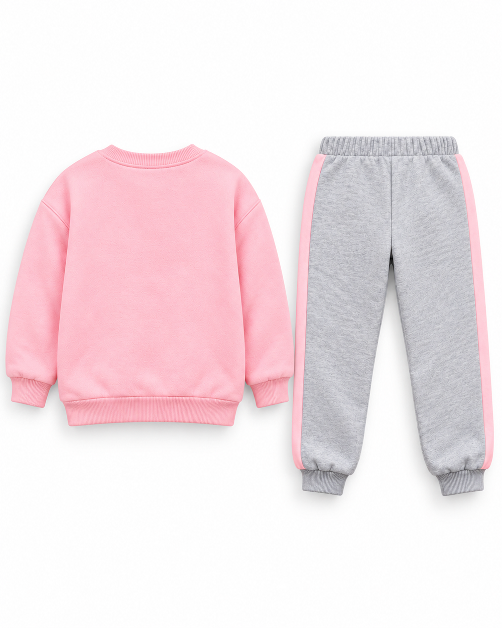 Back view of girls plain pink sweatshirt and grey trousers with pink side stripes by Mini Wear