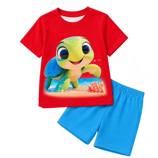 PREMIUM KIDS SUMMER CLOTHES IN PAKISTAN: A BOYS 2-PIECE OUTSET FEATURING A BRIGHT RED SHORT-SLEEVE T-SHIRT WITH A CUTE CARTOON SEA TURTLE GRAPHIC PRINT AND MATCHING LIGHT BLUE CASUAL BEACH SHORTS BY MINI WEAR