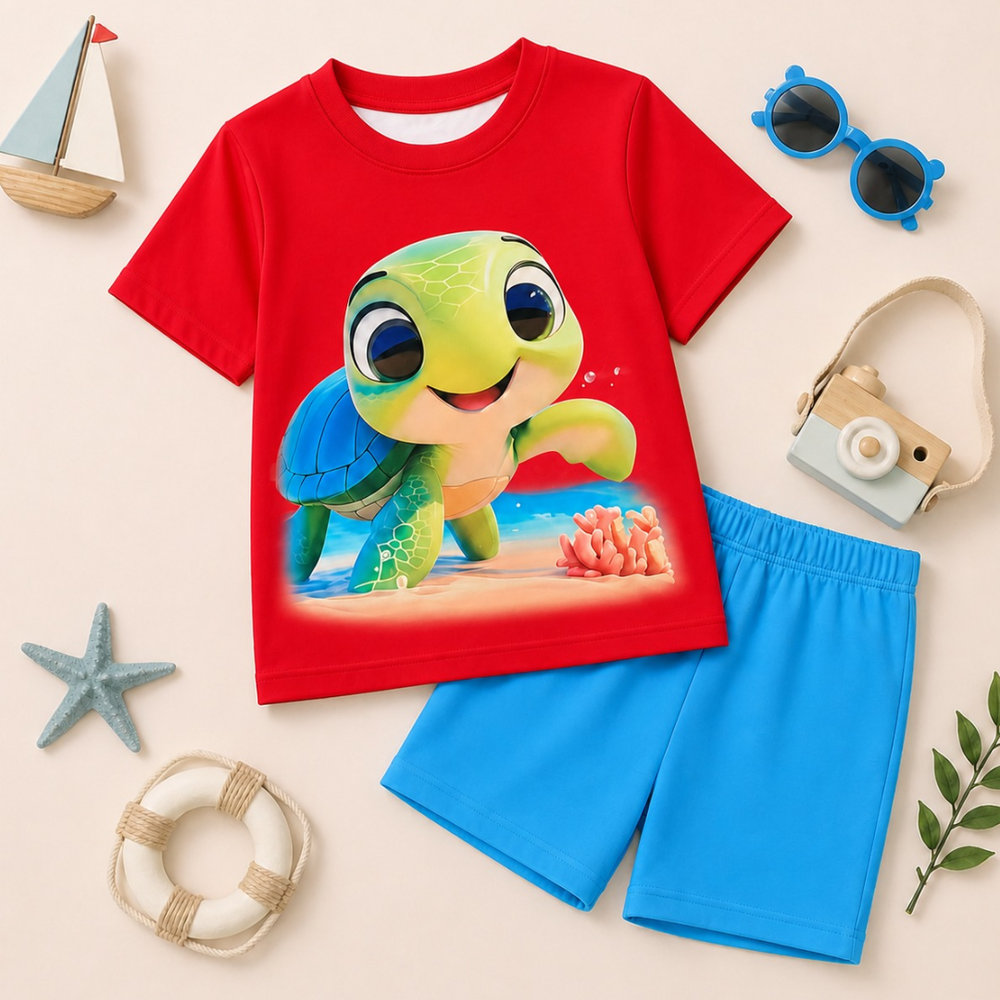 PREMIUM KIDS SUMMER CLOTHES IN PAKISTAN: A BOYS 2-PIECE OUTSET FEATURING A BRIGHT RED SHORT-SLEEVE 