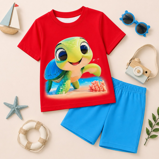 PREMIUM KIDS SUMMER CLOTHES IN PAKISTAN: A BOYS 2-PIECE OUTSET FEATURING A BRIGHT RED SHORT-SLEEVE 