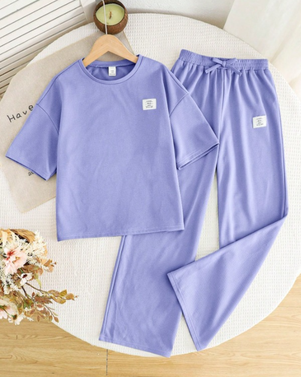 LAVENDER WAFFLE CO-ORD LOUNGE TROUSER SET