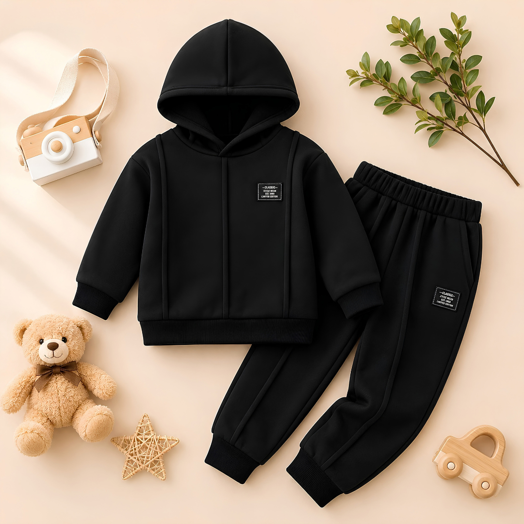 Black kids fleece hoodie and trouser tracksuit for winter wear