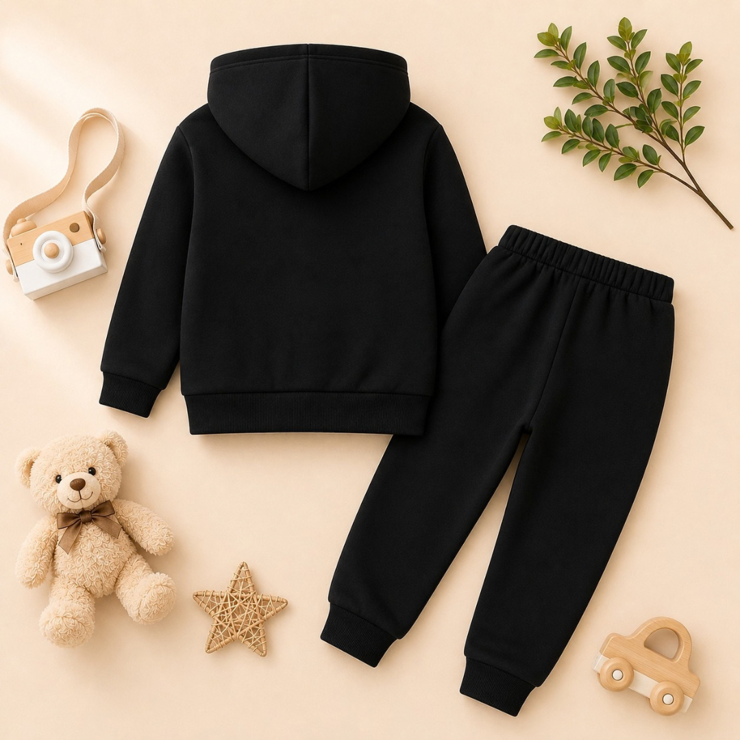 A two-piece children's outfit set consisting of a black hooded sweatshirt and matching black jogger pants, arranged in a styled flat-lay with a teddy bear, toy camera, wooden star, and small car on a warm beige background.