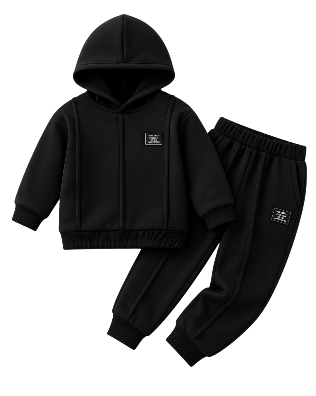 Close-up of 3 stripe detail on black kids fleece tracksuit