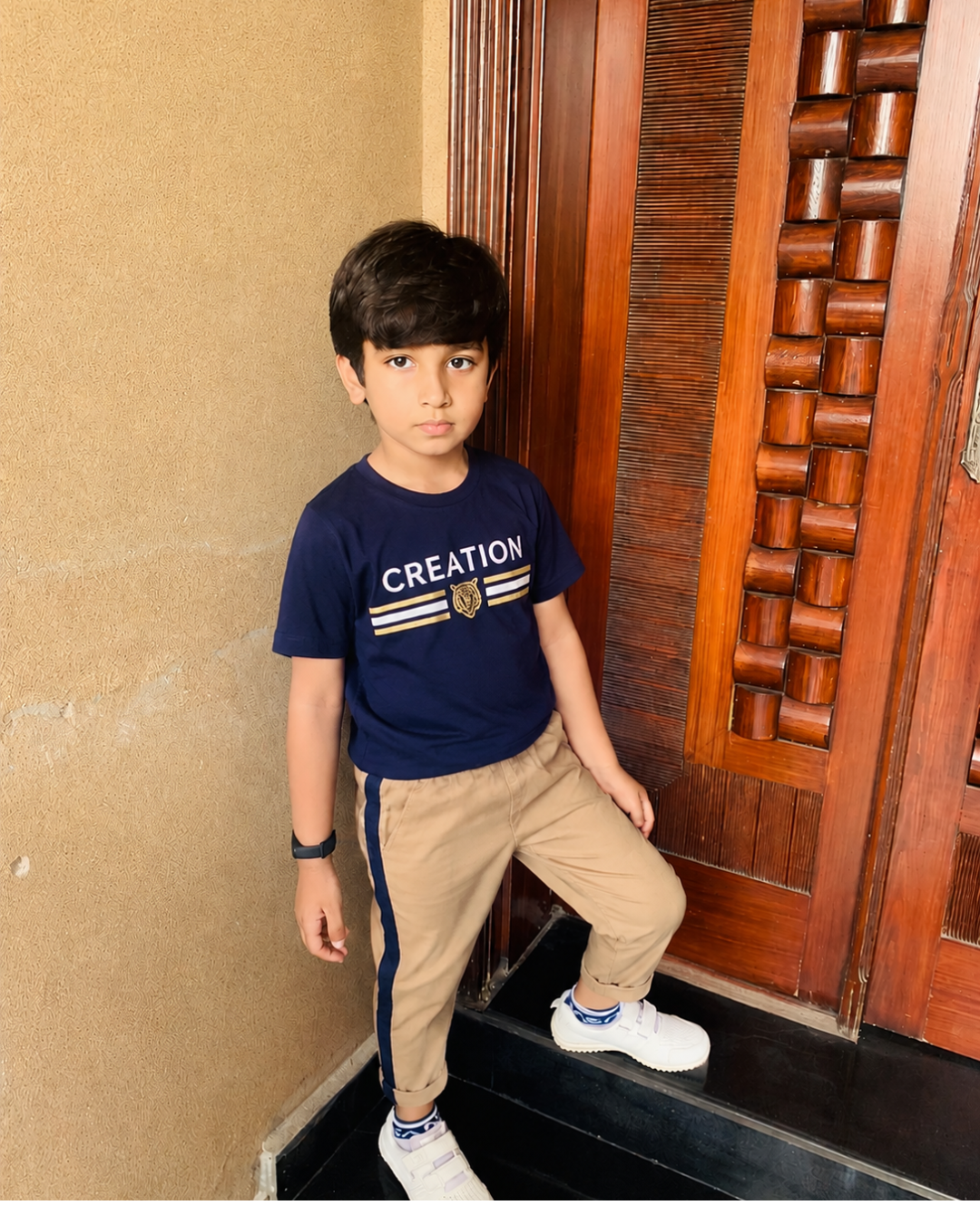 ELITE CREATION CLASSIC CO-ORD SET for Boys by Mini Wear – Premium Cotton Navy Blue & Beige Kids T-Shirt & Trouser Set in Pakistan