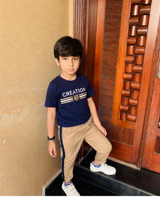 ELITE CREATION CLASSIC CO-ORD SET for Boys by Mini Wear – Premium Cotton Navy Blue & Beige Kids T-Shirt & Trouser Set in Pakistan