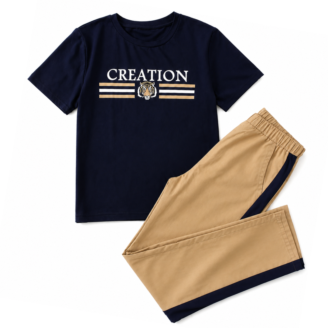 Mini Wear Pakistan Boys Premium Cotton Co-Ord Set, Kids T-Shirt and Trouser Set, Elite Creation Classic Navy Blue & Beige Summer Outfit