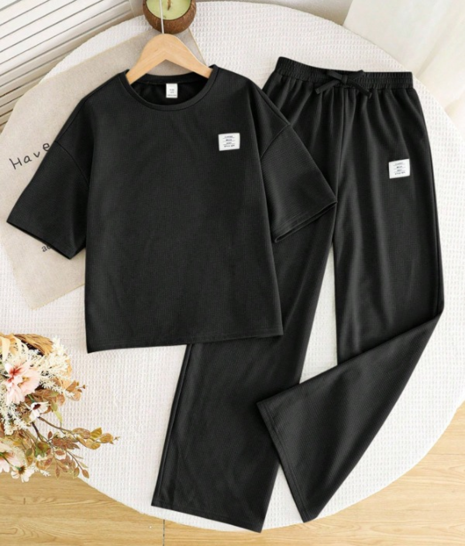 GIRLS BLACK COTTON LOUNGE SET