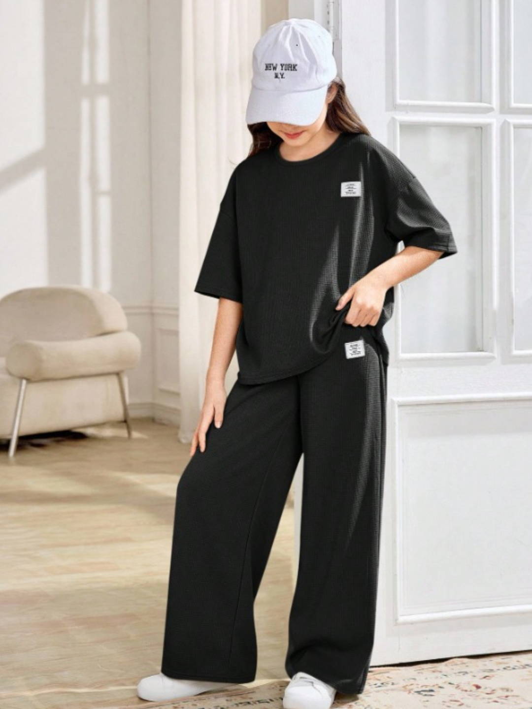 GIRLS BLACK COTTON LOUNGE SET