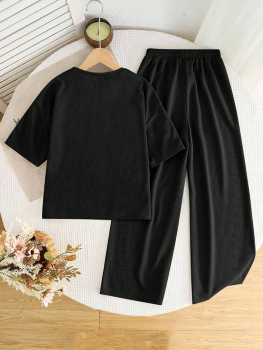 GIRLS BLACK COTTON LOUNGE SET