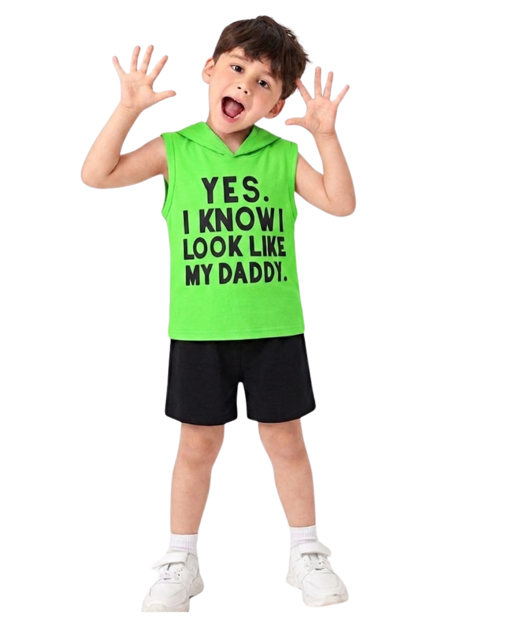 Child wearing a green sleeveless hoodie with text and black shorts on a white background