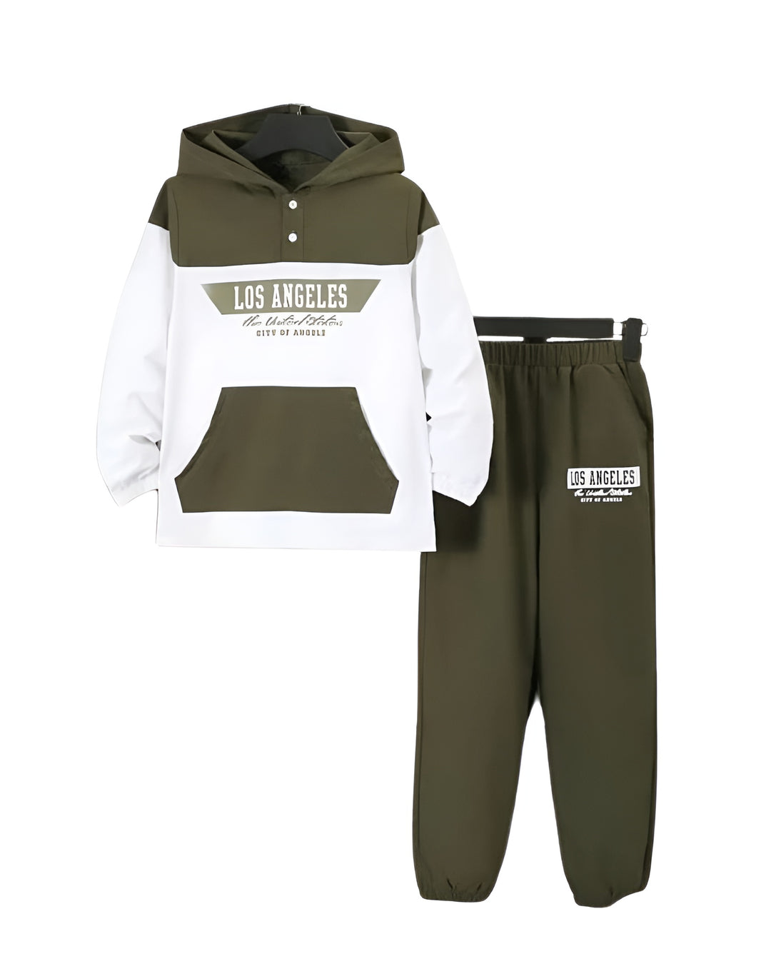 Los Angeles fleece hoodie tracksuit for kids in olive green and white
